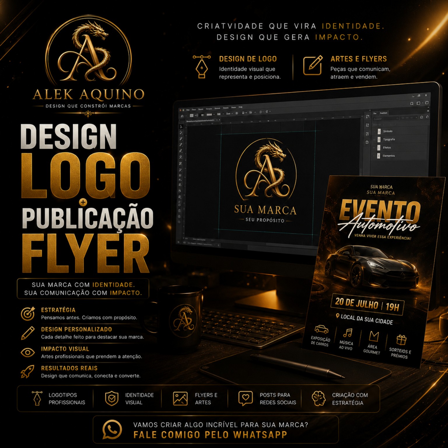 Campanha Alek Aquino de design, logo e flyers
